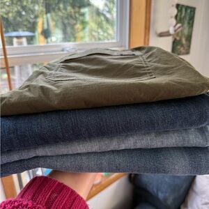 Casual Stack: Olive Green Pant with Two Denim Jeans